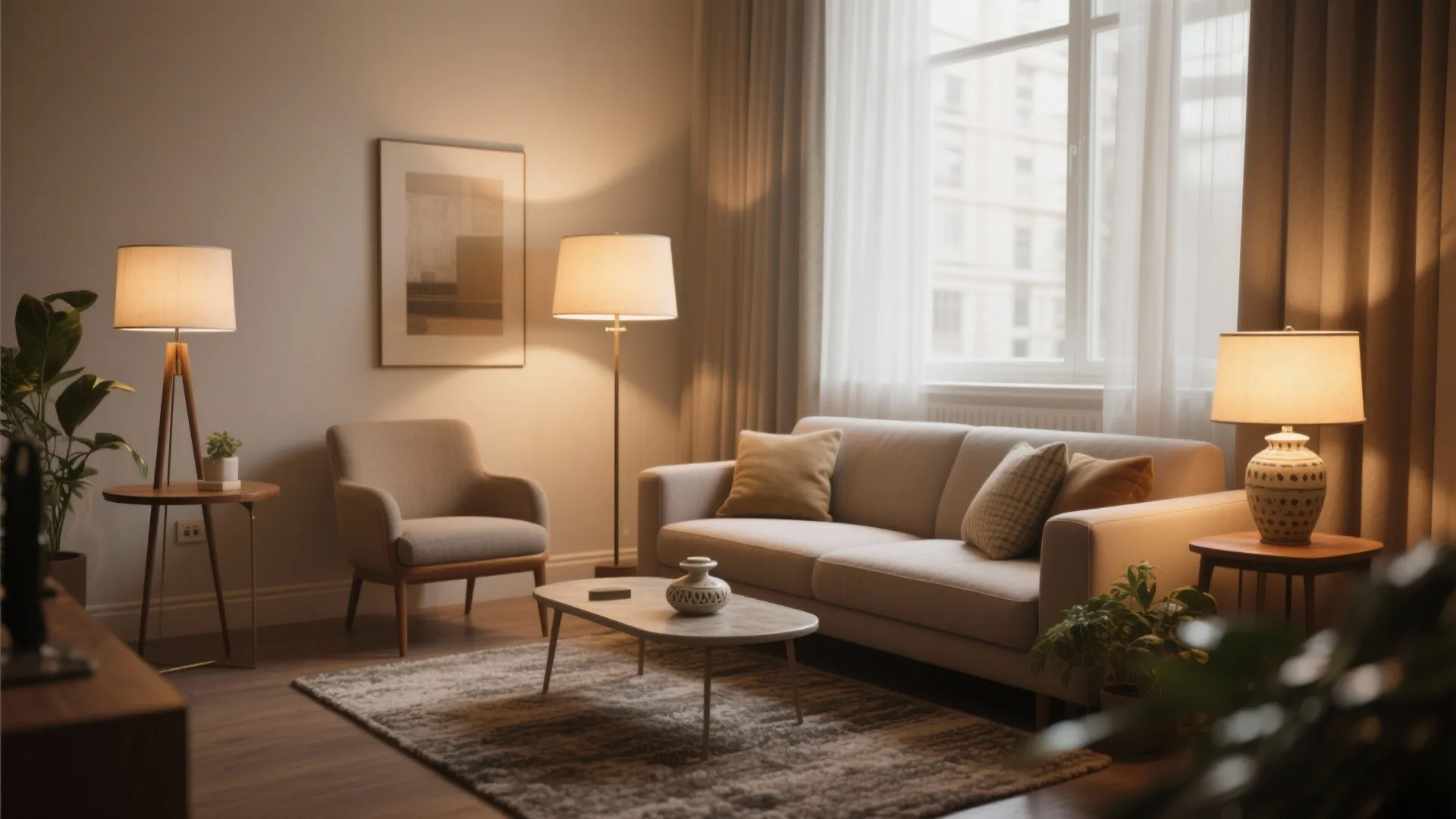 Cozy living room with beige sofa grey rug floor lamp and table light near window