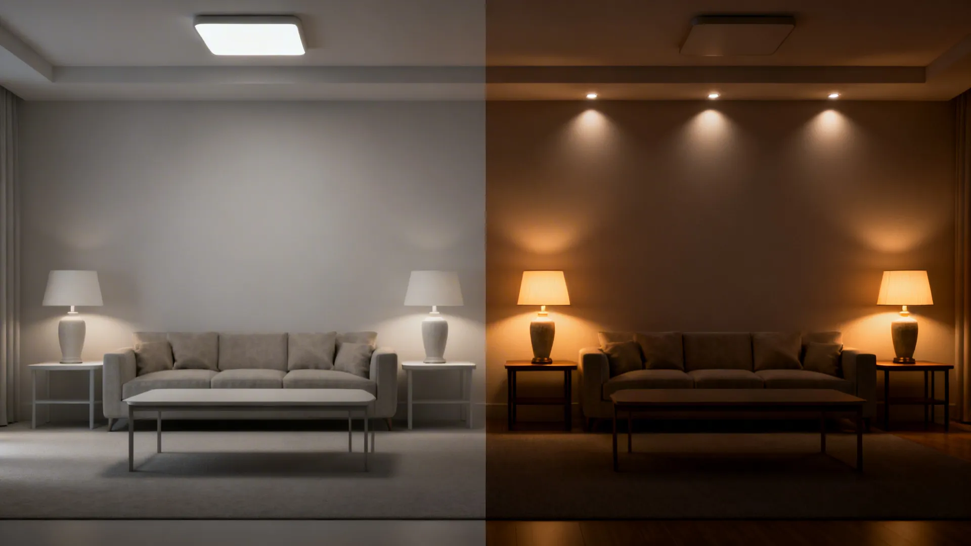 Before and after comparison showing flat overhead light versus layered lamps and accent lighting for warmth.