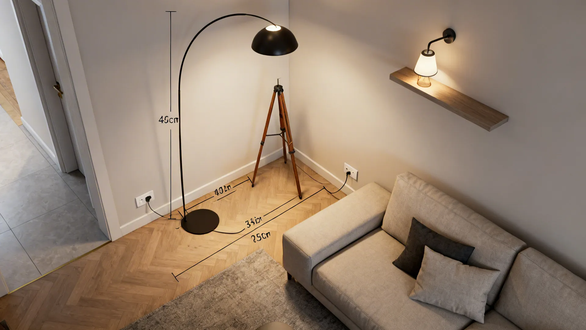 Top-down floorplan showing lamp placement options and outlet positions in a small living room.