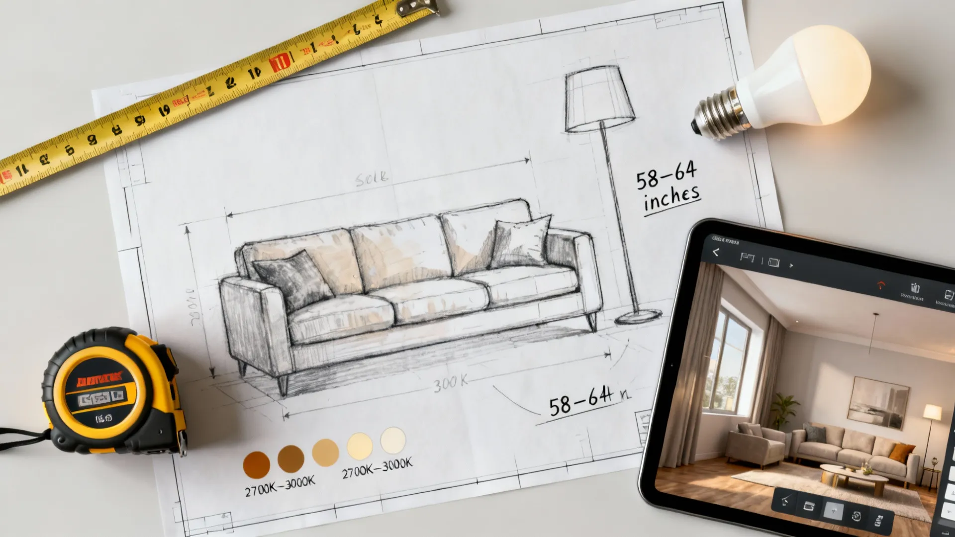 Top-down flatlay of layout tools, bulb samples, and 3D planner for lamp placement decisions