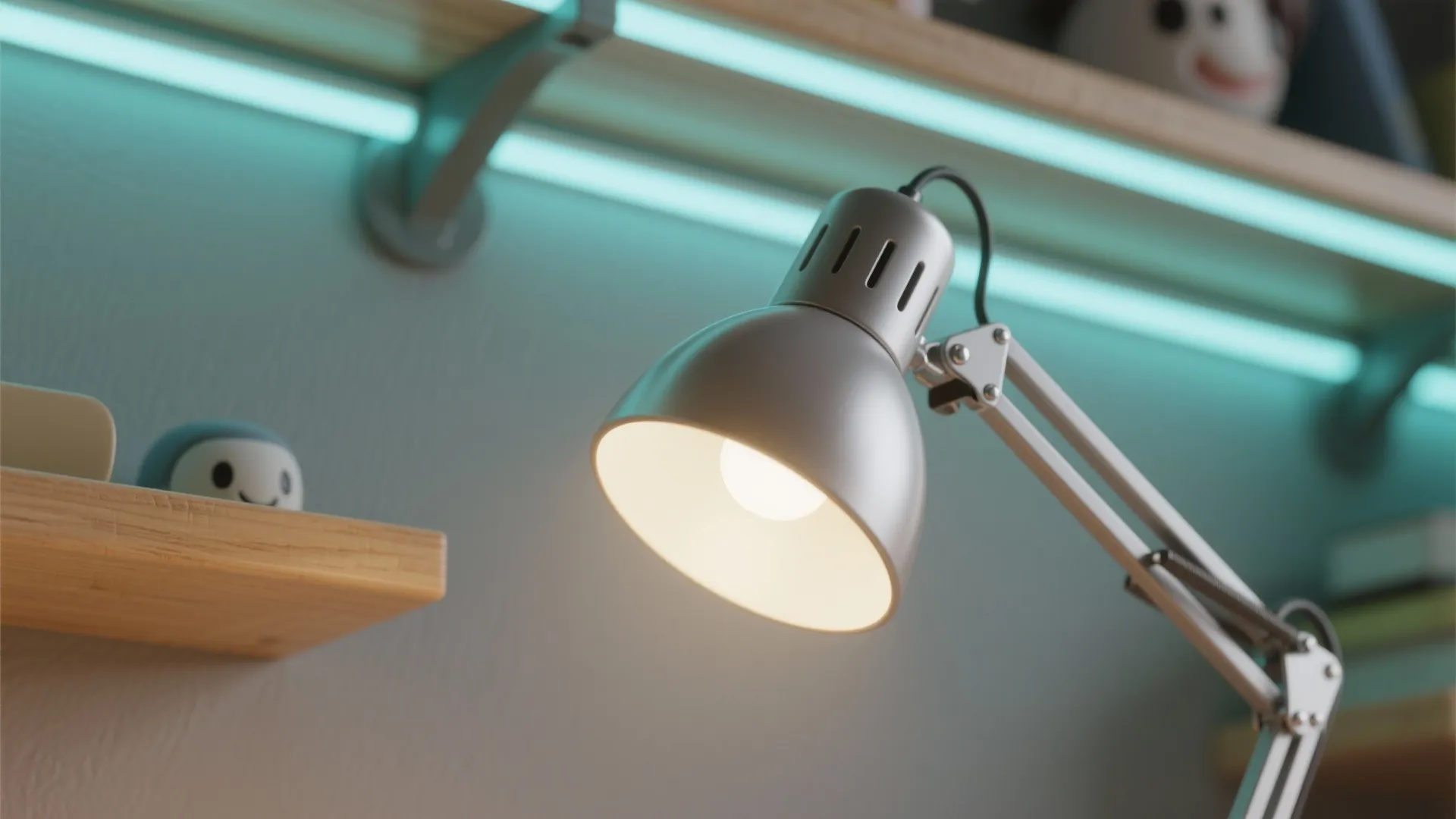 Close up of a silver desk lamp lighting a wood shelf with blue led strips
