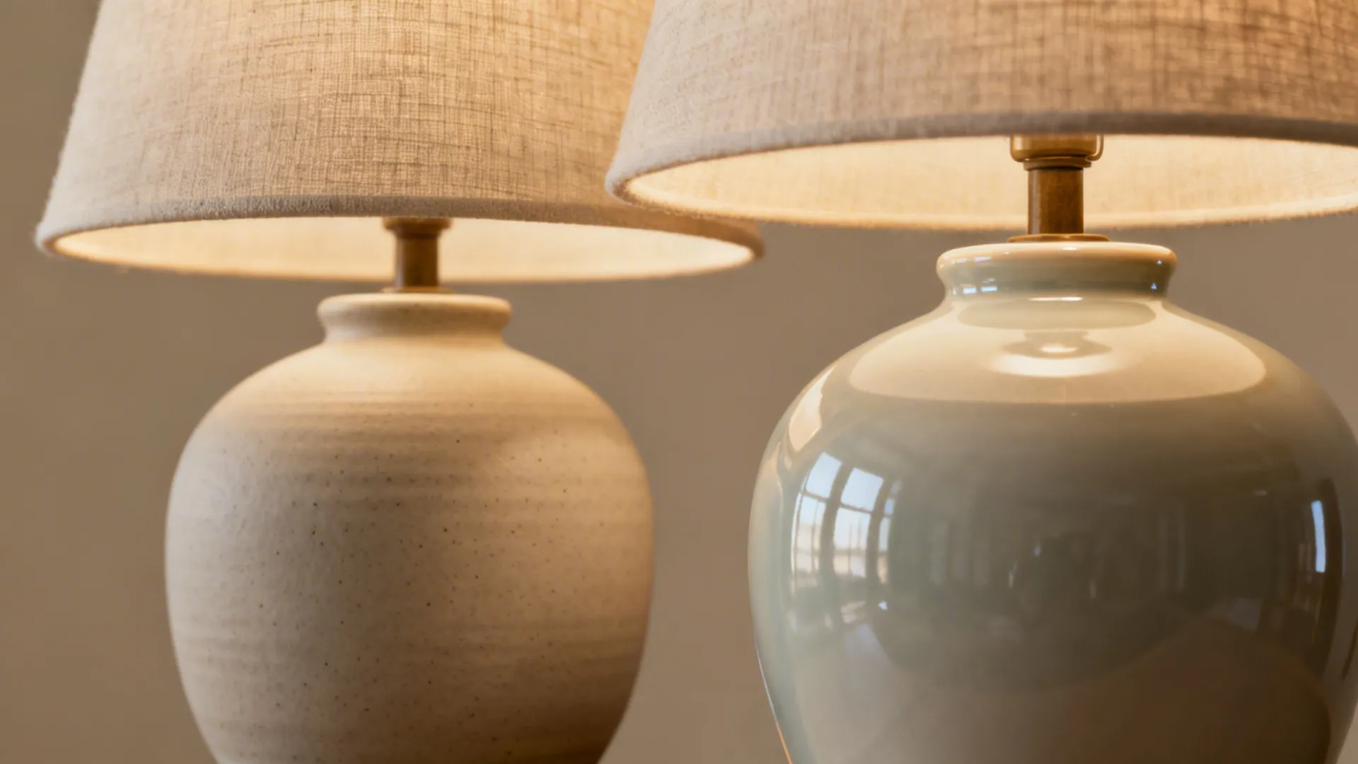 Close-up of two lamp bases with different textures and linen shades showing coordinated materials.