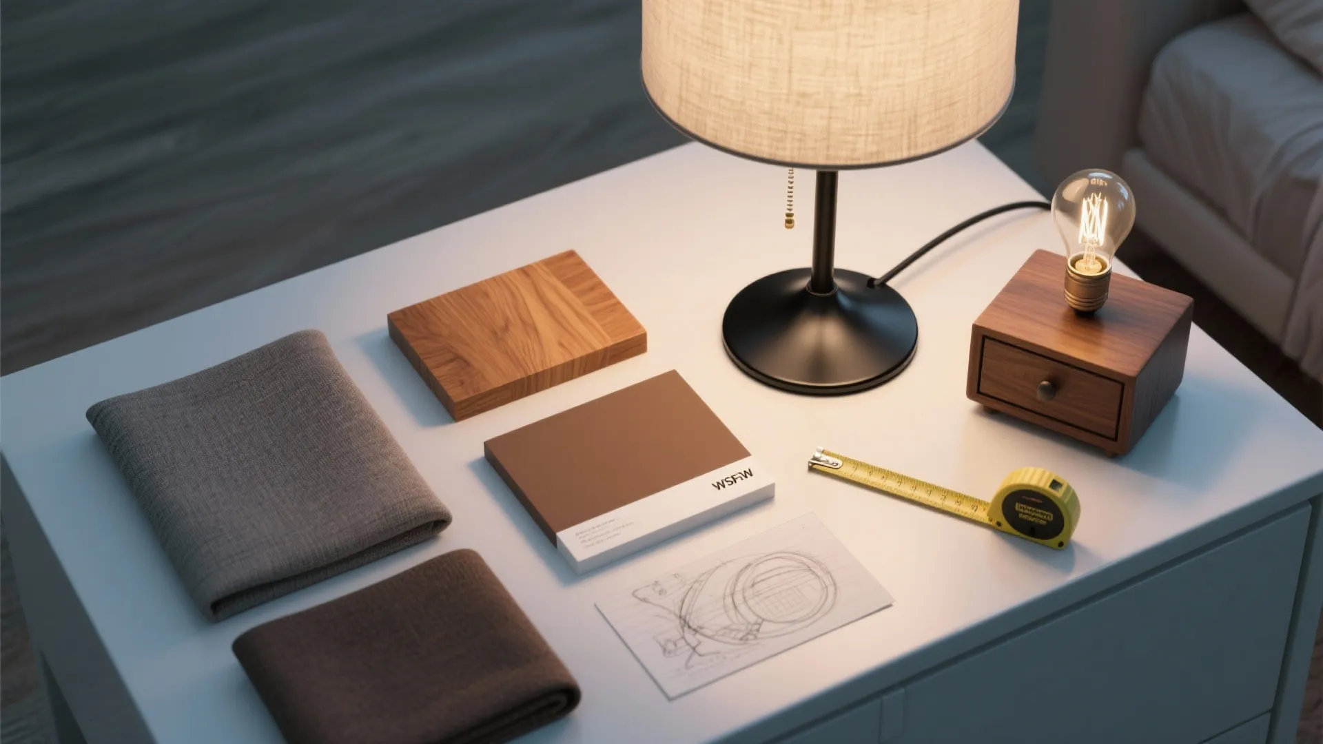 Interior design materials on white table including fabric wood samples measuring tape and light fixture