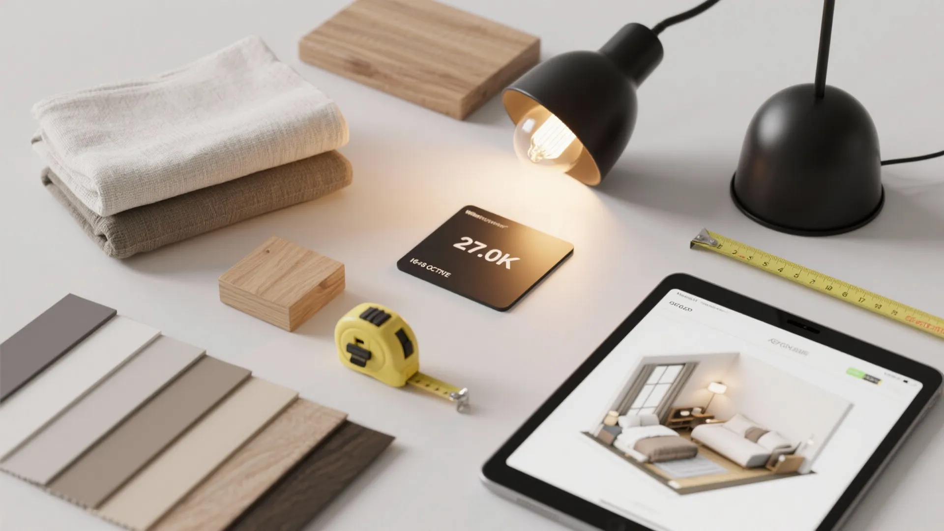 Interior design materials including fabric swatches wooden blocks a measuring tape and a desk lamp
