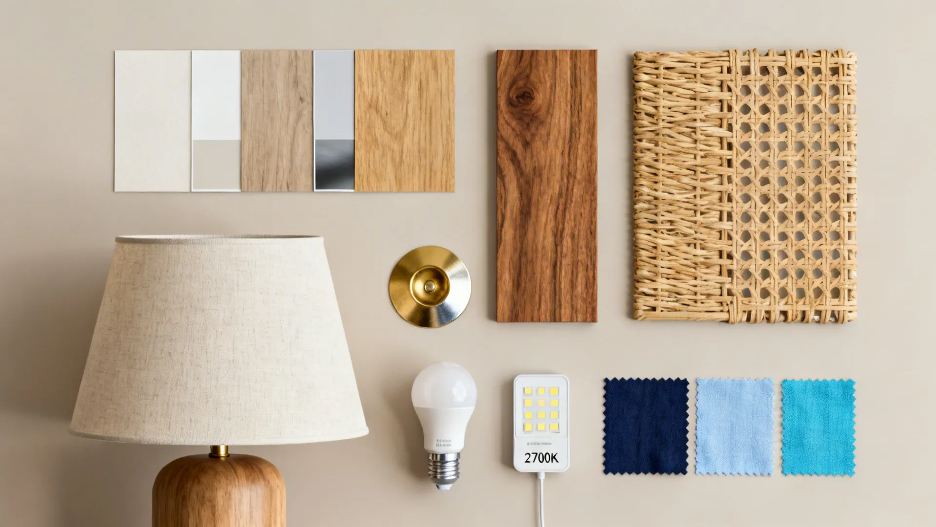 Top-down flatlay of lamp shades, wood and metal finish samples, and 2700K LED bulb for mood planning.