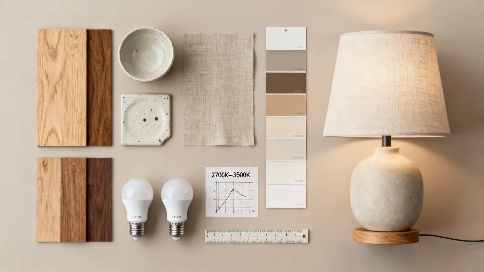 Flatlay of lamp materials, shade swatches, and LED color temperature samples for lamp selection