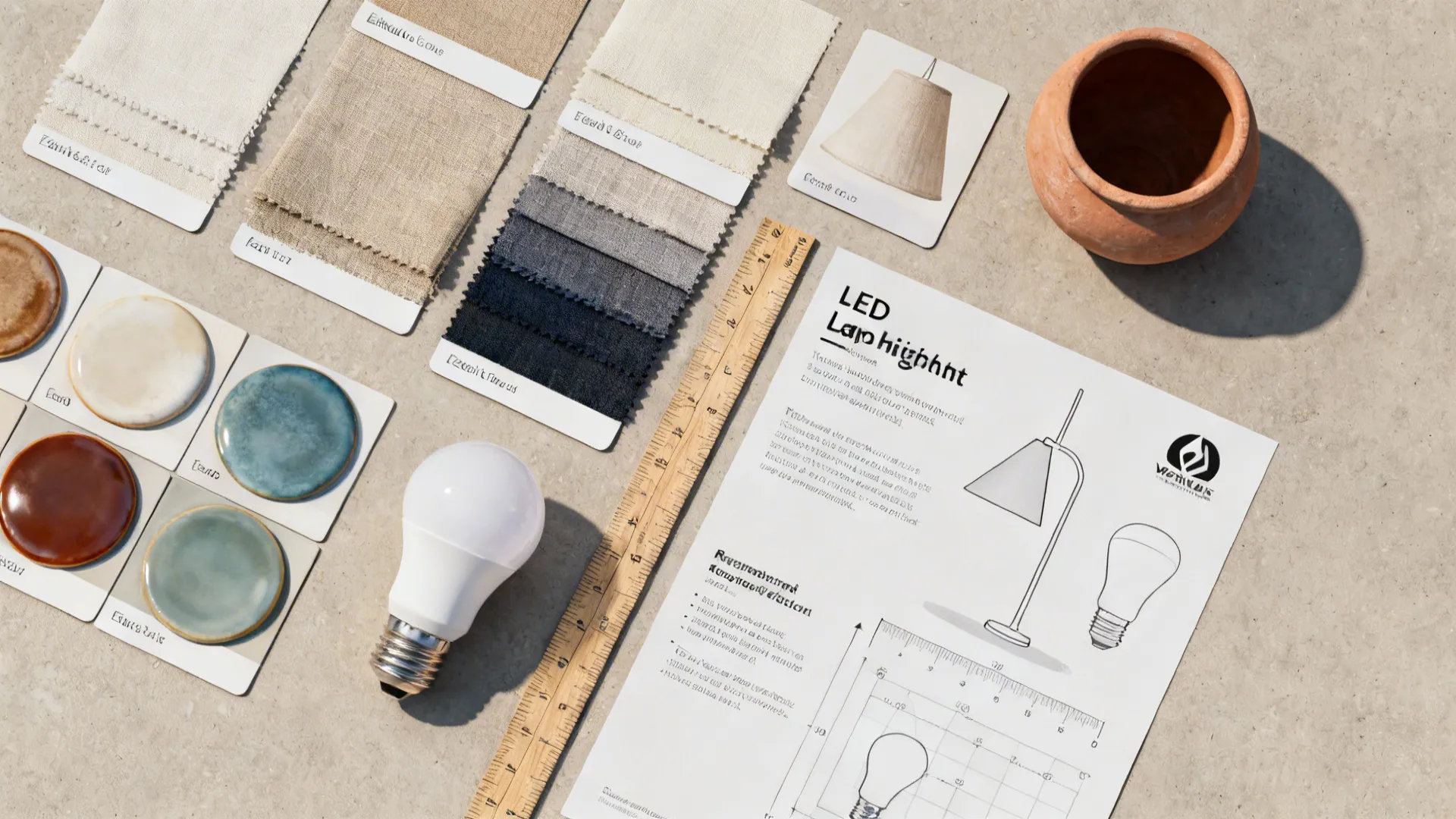 Flatlay of ceramic glaze swatches, lampshade fabrics, a ruler and LED bulb sample for lamp selection