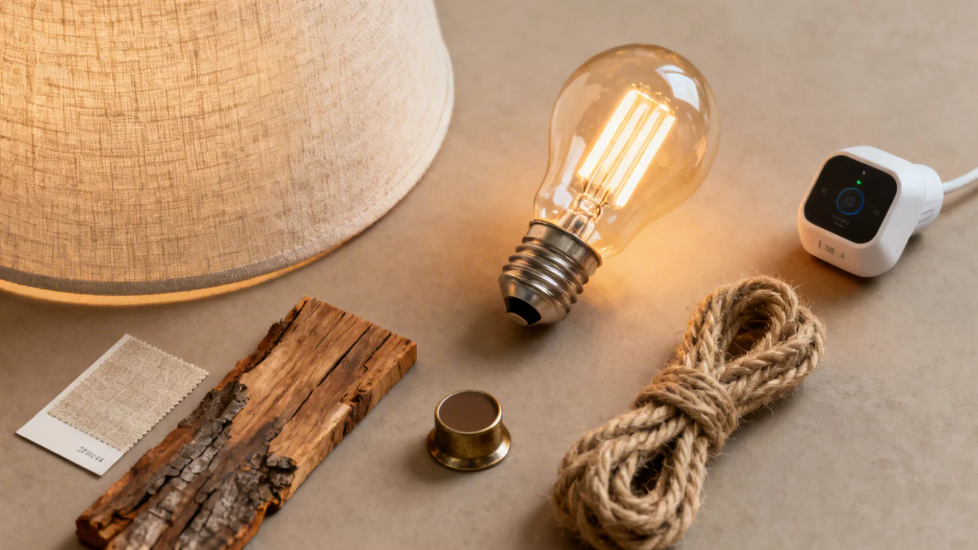 Flatlay of rustic lamp materials: LED bulb, linen shade swatch, wood and rope samples