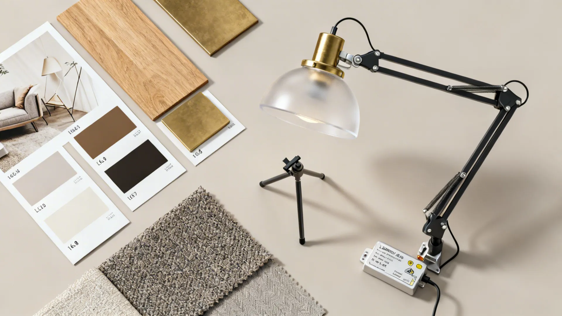 Flatlay moodboard of lamp materials and finish samples for small living room lighting choices.