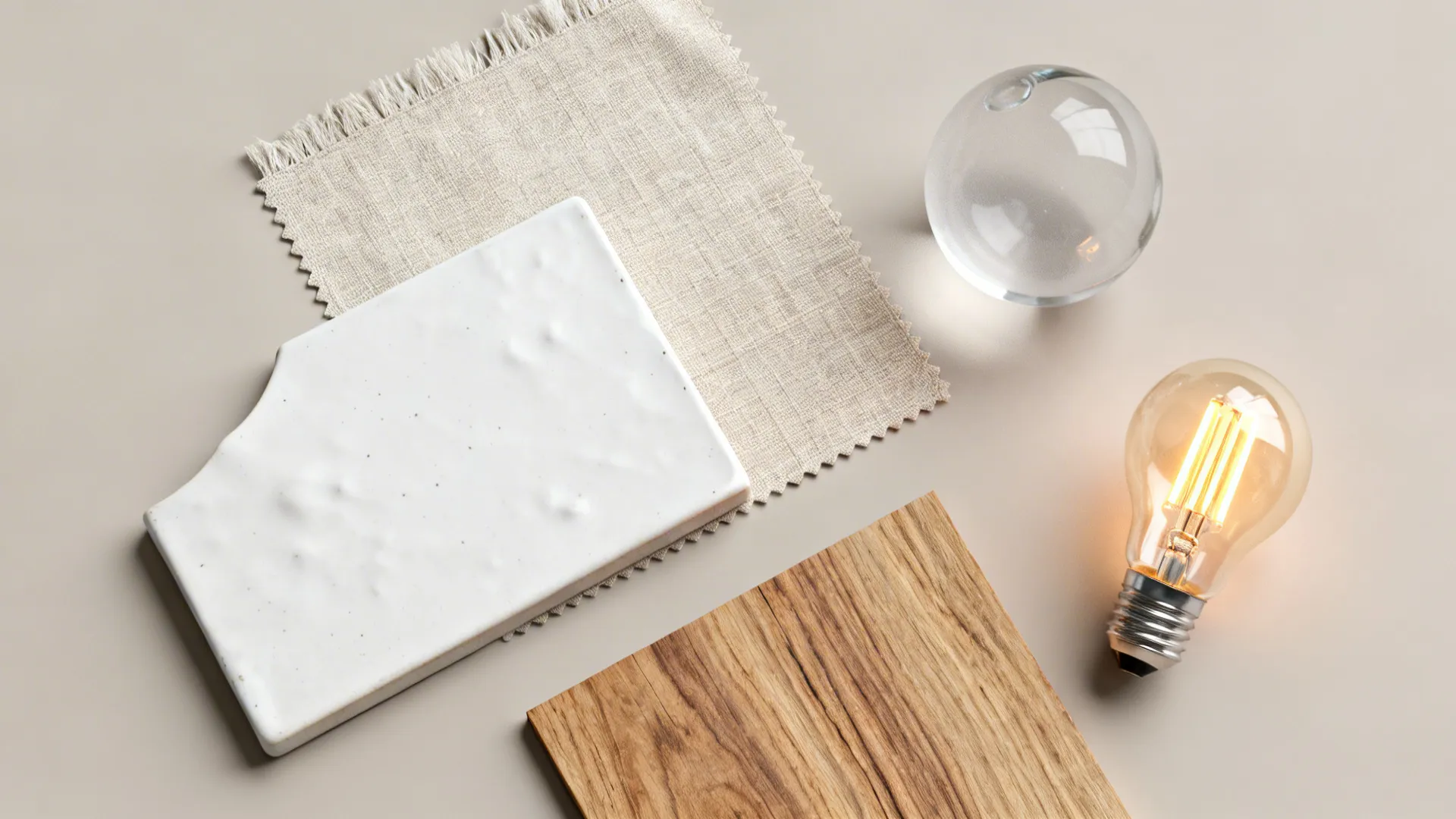 Flatlay of ceramic, linen, glass and warm LED bulb samples for lamp selection.