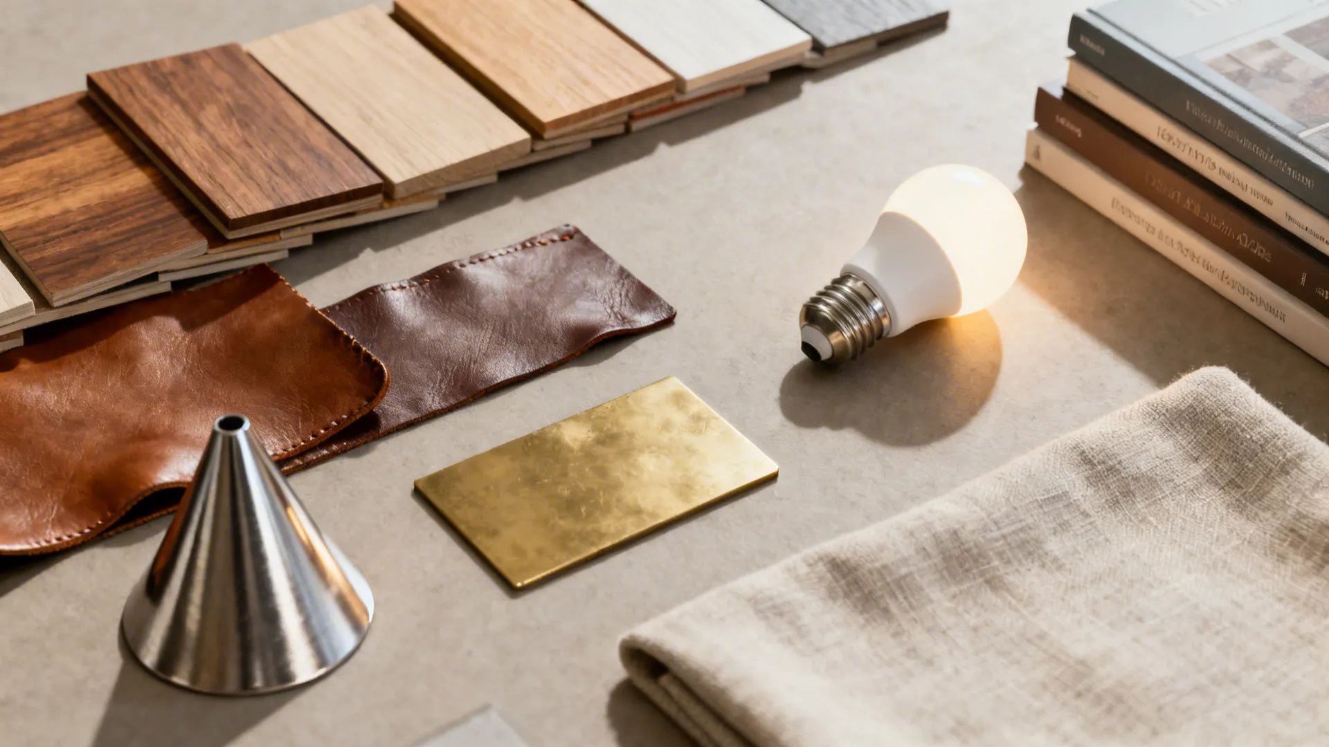 Flatlay of material swatches, metal finish samples, warm LED bulb, and styling books for lamp design.