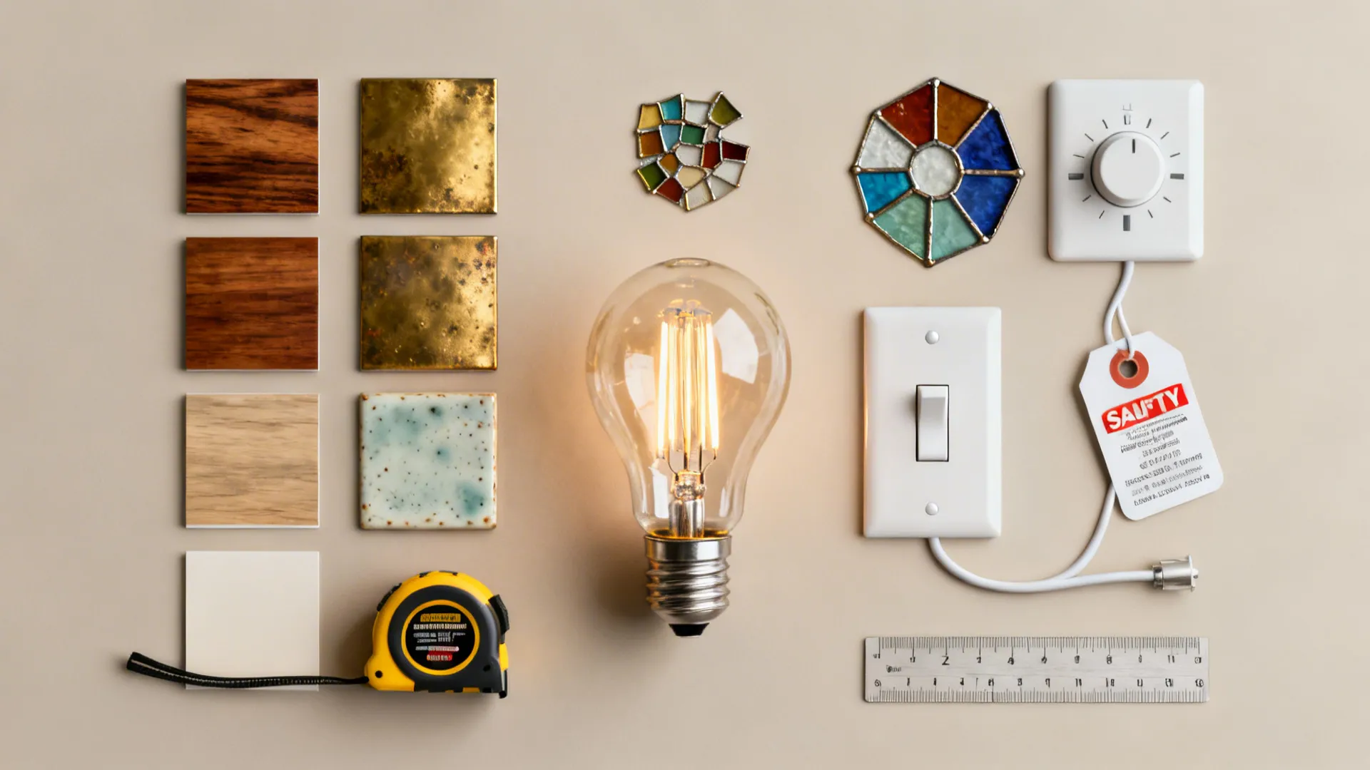 Flatlay of lamp material swatches, LED bulb, dimmer and safety tag for planning lamp selection.