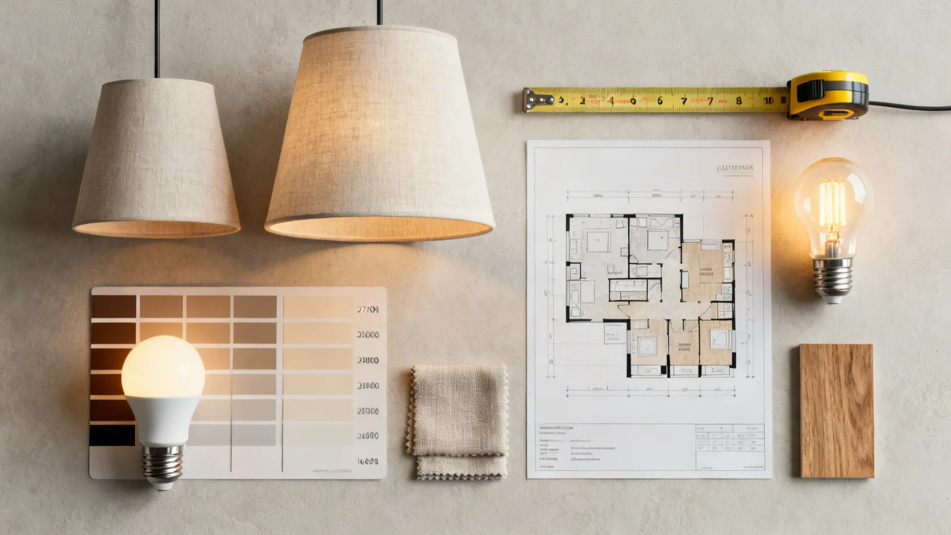 Flatlay of lamp shades, warm LED bulbs, tape measure and material samples for planning lamp scale.