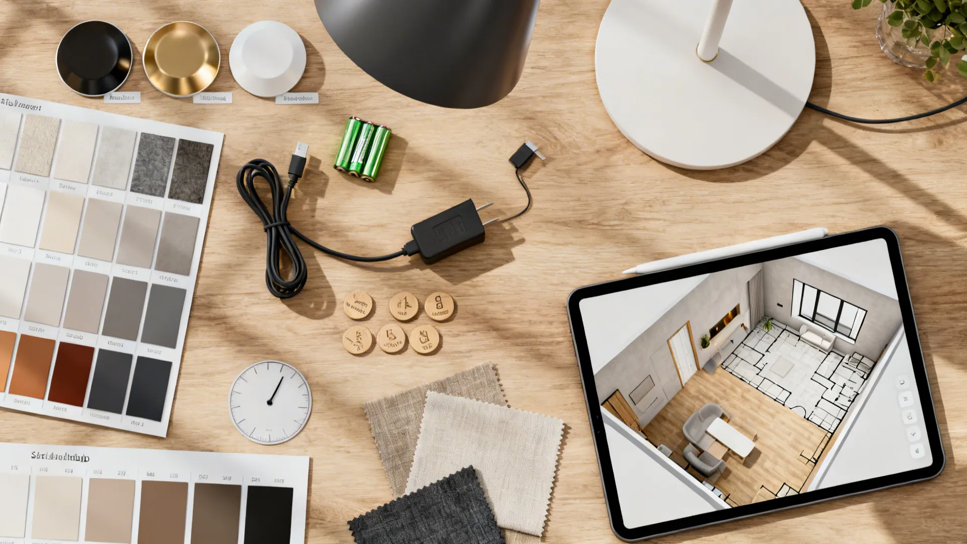 Top-down flatlay of lamp finish samples, battery, charger and fabric swatches next to a 3D planner on a tablet.