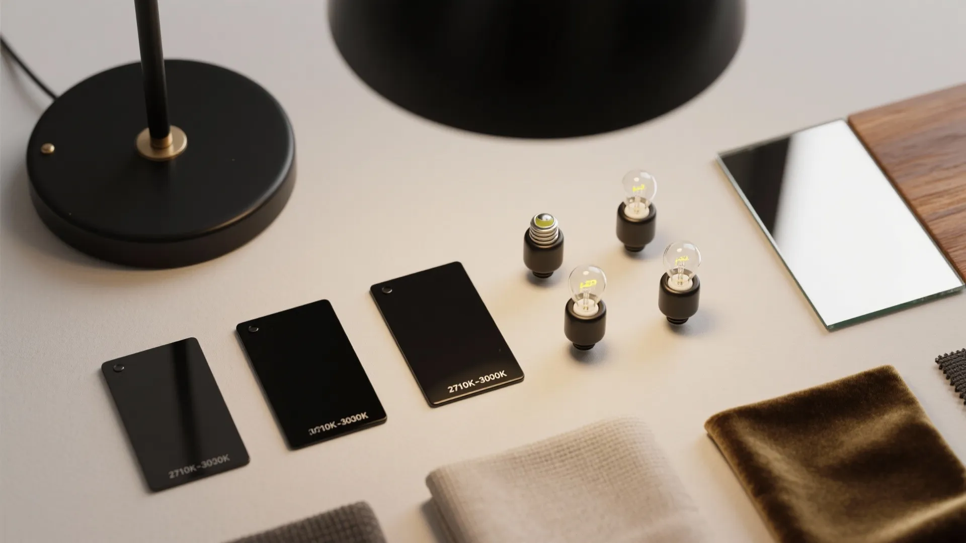 Table display showing black metal samples small light bulbs and various fabric and wood materials