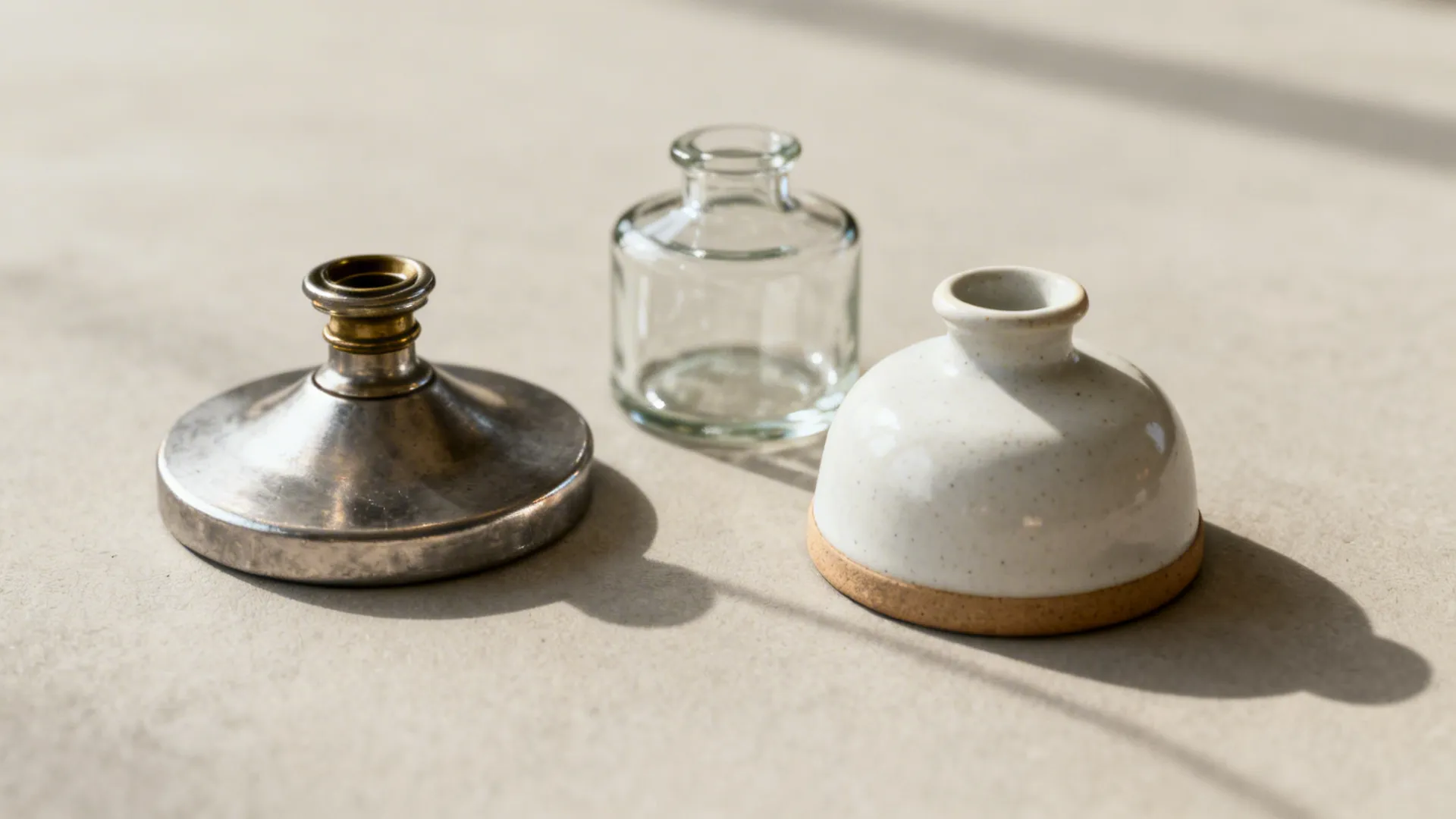 Close-up of metal, ceramic, and glass lamp bases showing textures and finishes.