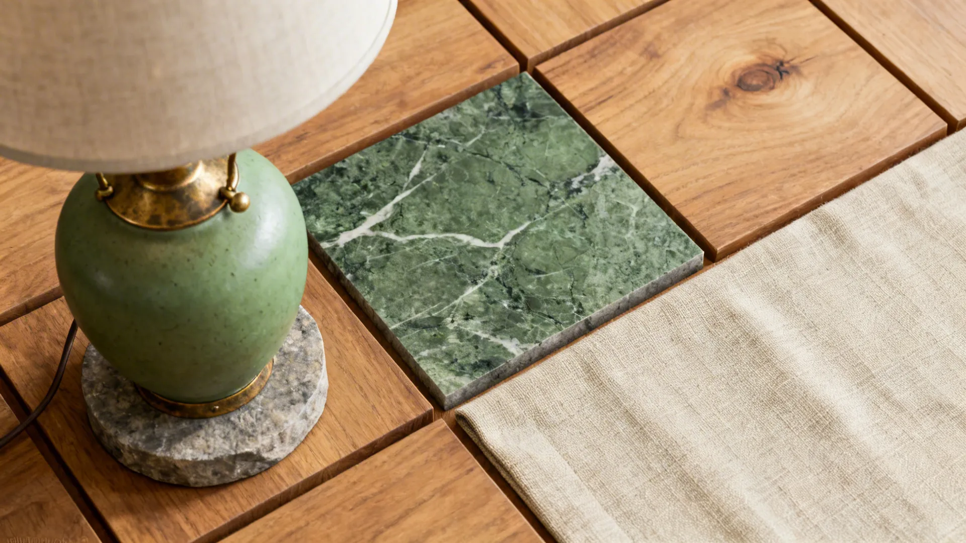 Flatlay of lamp materials including ceramic, brass, stone, and linen swatches.