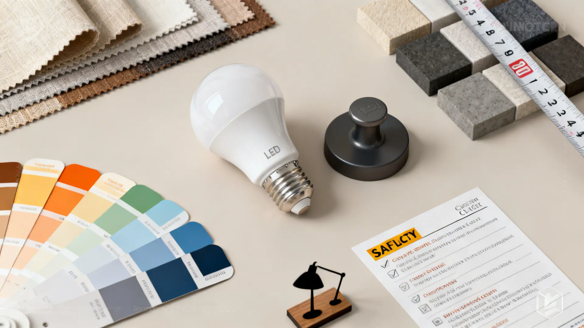 Flatlay of LED bulbs, fabric swatches, weighted base samples, and measuring tape for lamp selection.