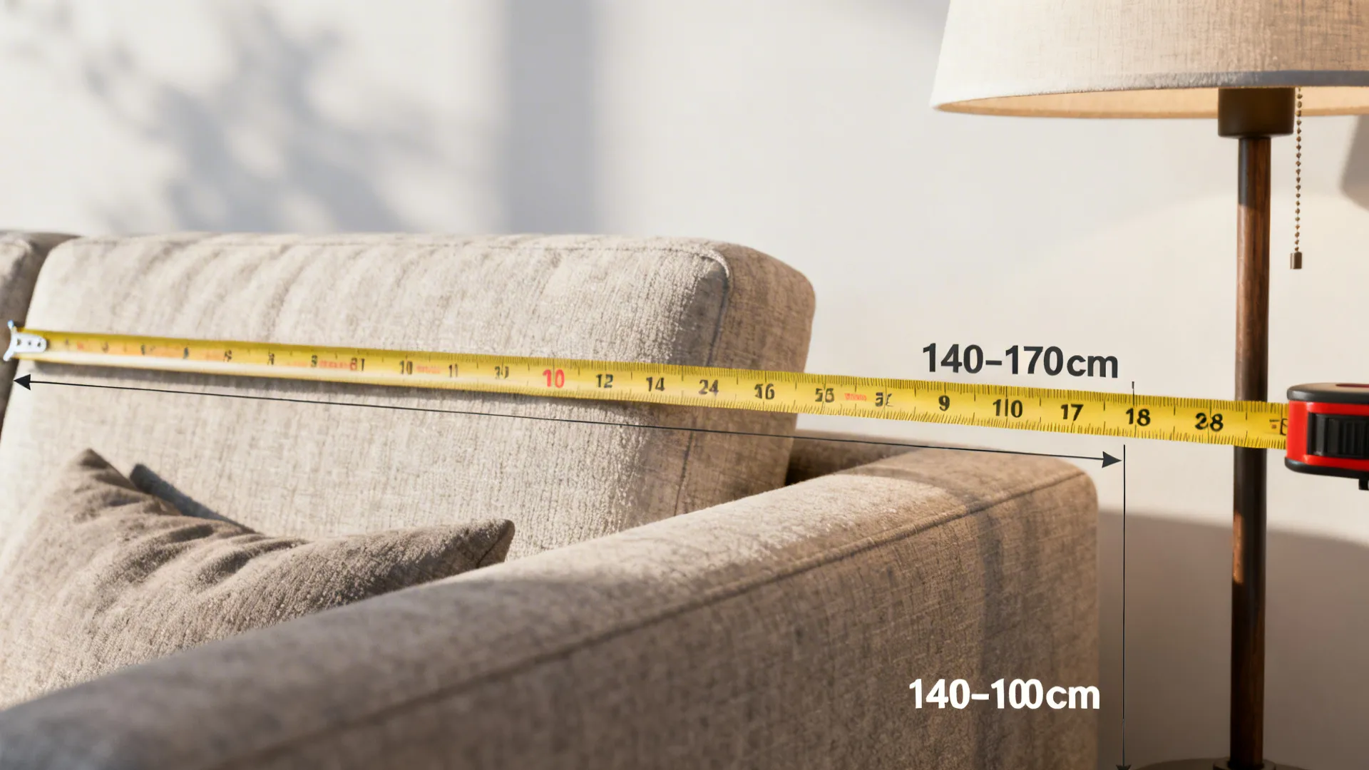 Measurement tape showing lamp height recommendations beside a sofa
