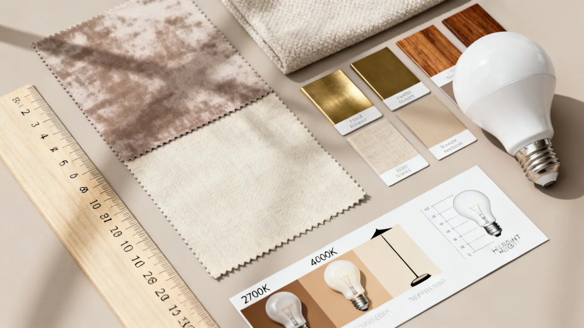 Flatlay of lamp material swatches, finish chips, and bulb temperature samples for planning scale
