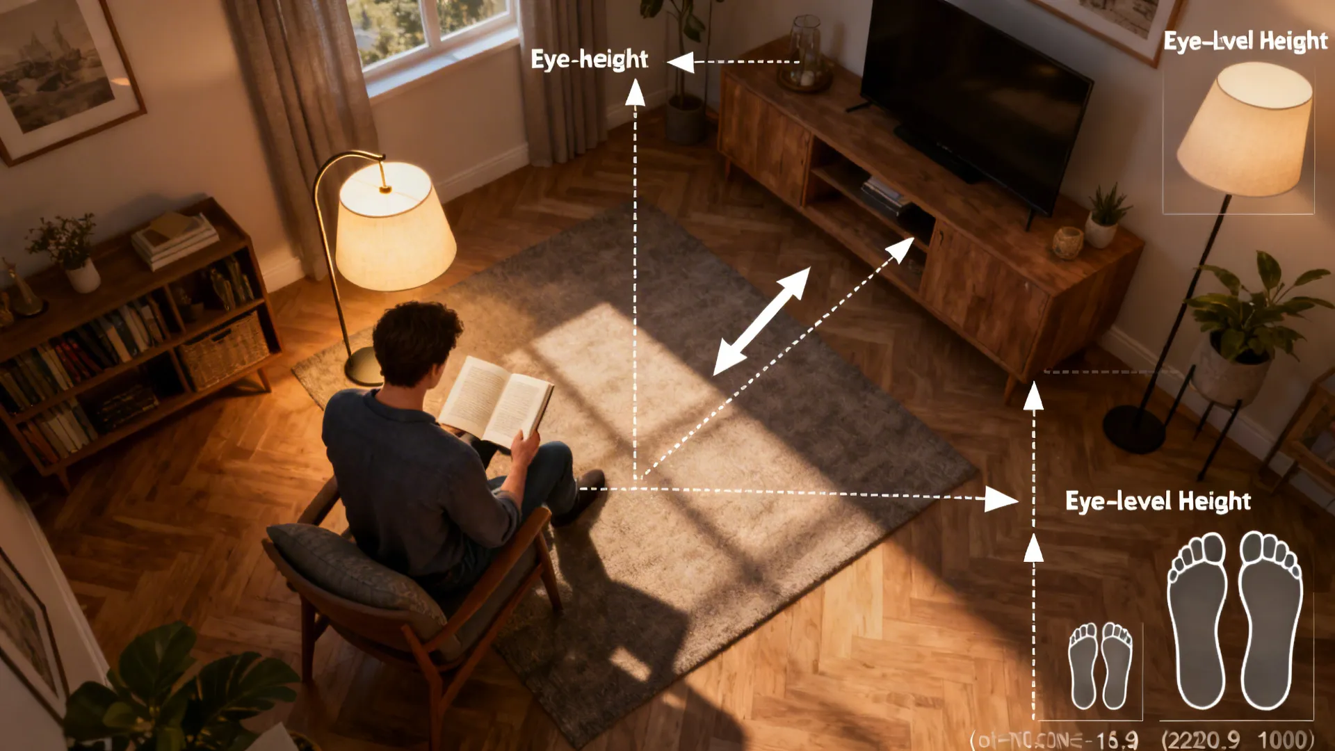Top-down living room layout diagram showing optimal table lamp placements and light directions