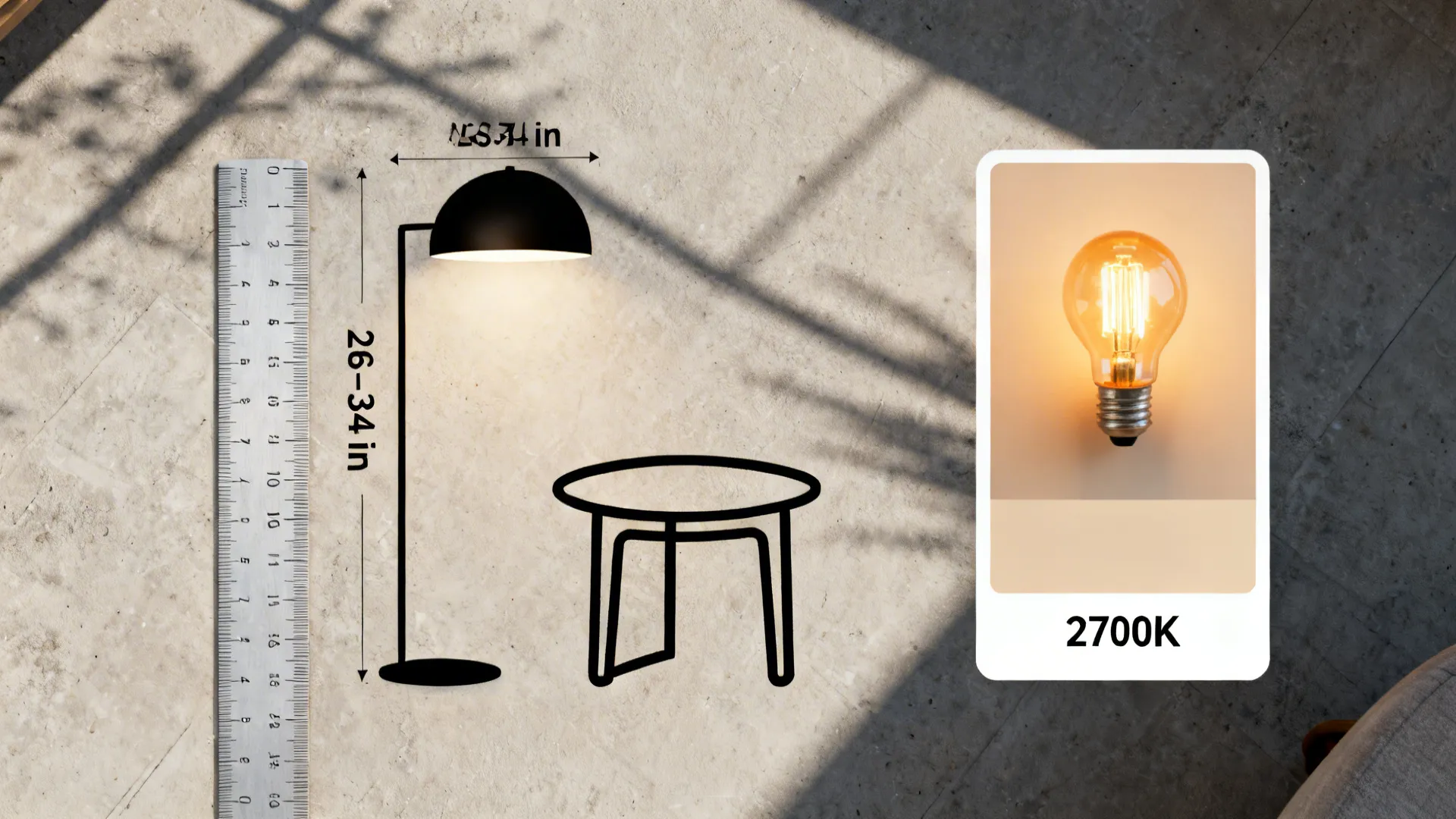 Top-down lamp placement guide with measurements and warm bulb swatch for traditional living rooms