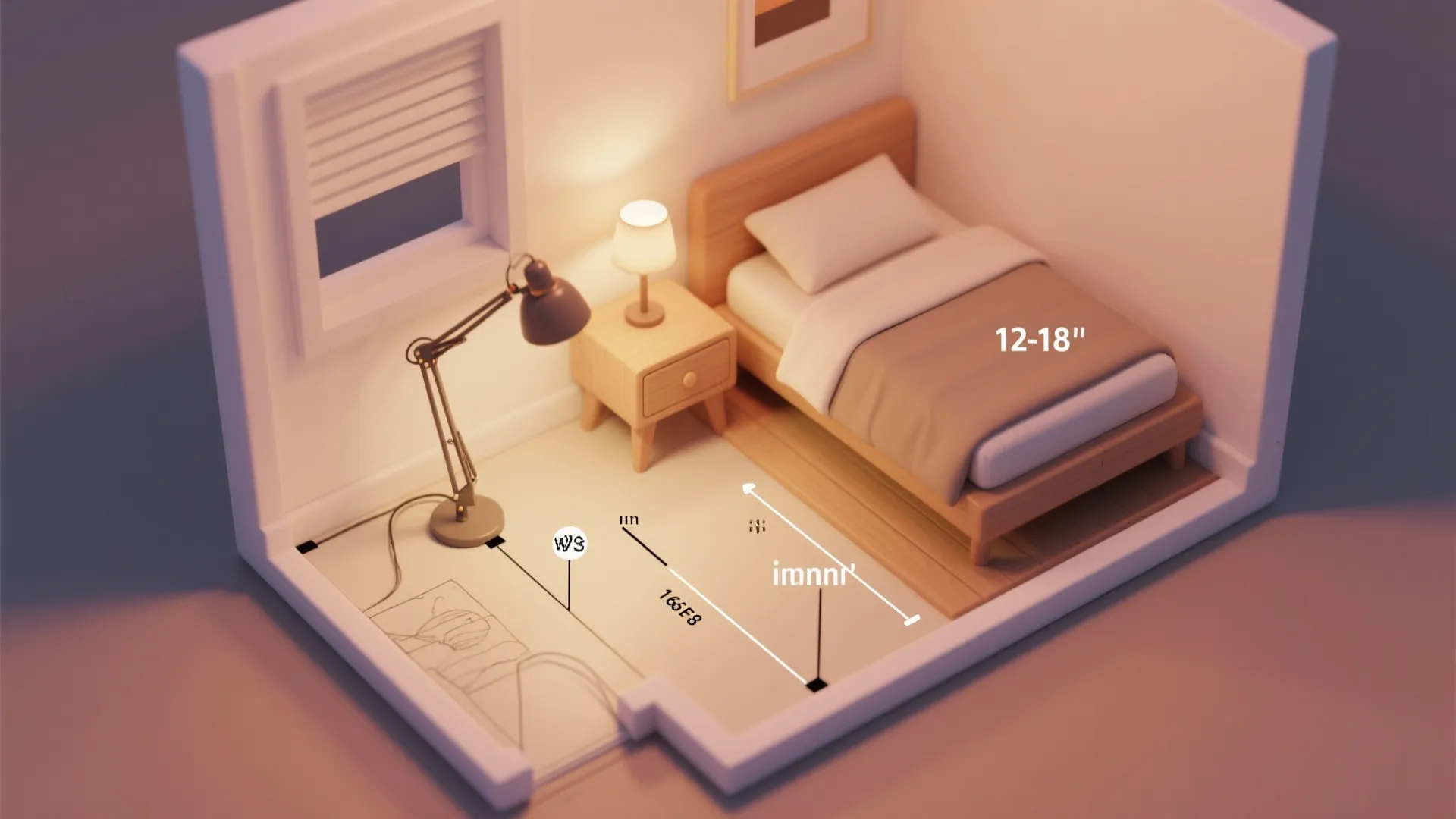 Interior design drawing of a small bedroom showing bed placement and light fixture height measurements
