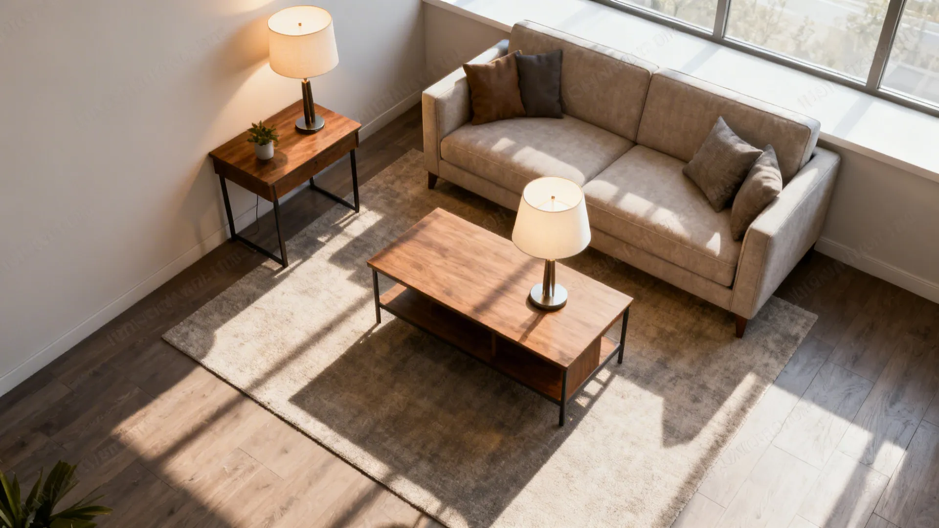 Top-down mockup of two lamp placement plans in a small living room