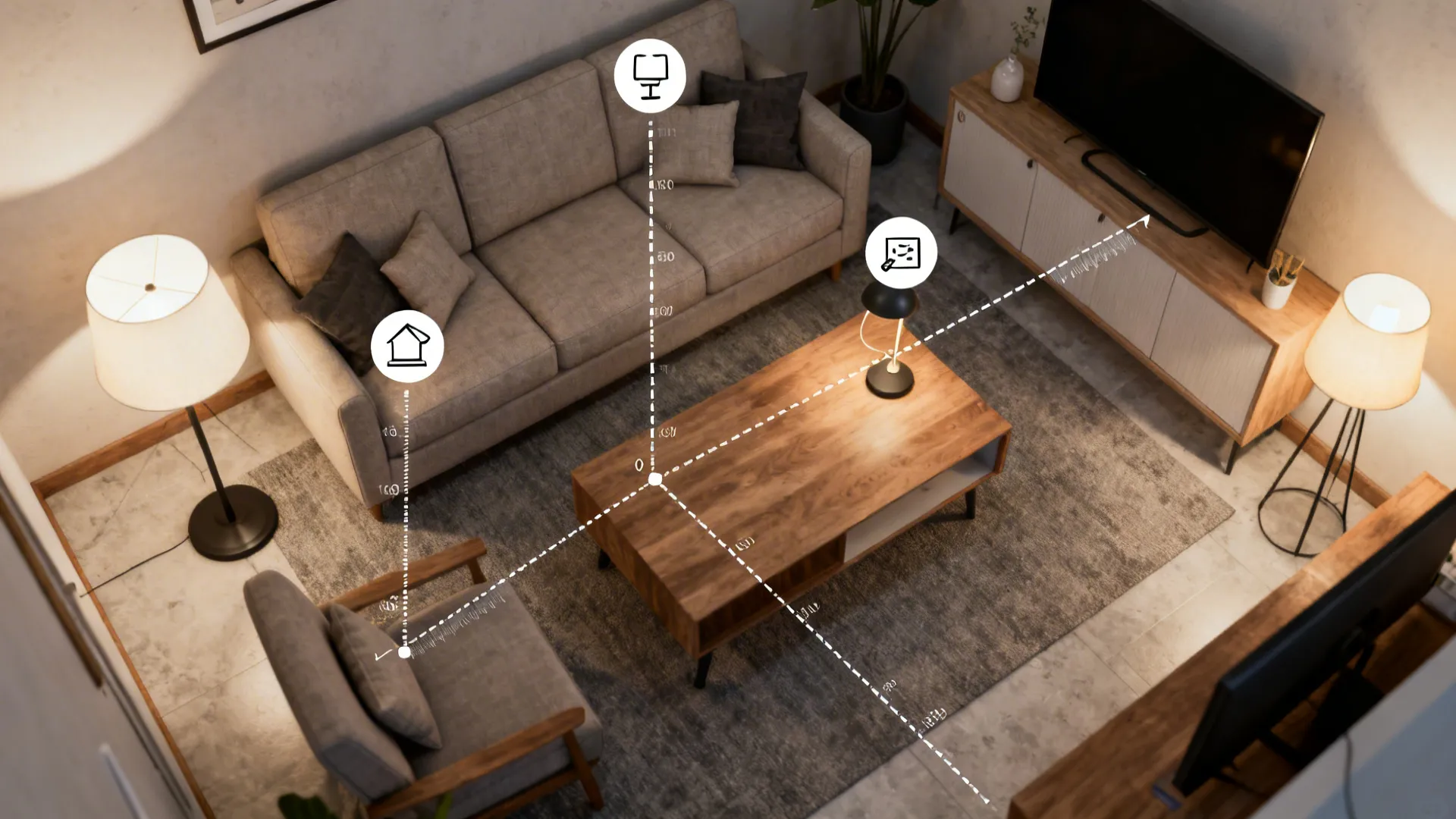 Top-down mockup of small living room showing lamp placement and sightlines