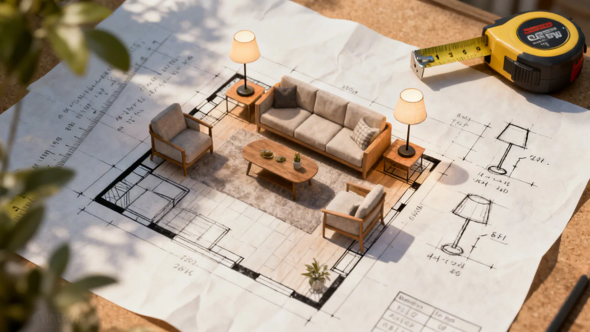 Top-down sketch of a living room floor plan showing lamp placement and scale options.