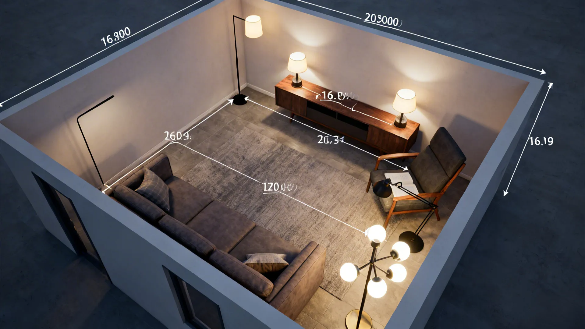 Top-down floor plan showing suggested lamp placements and heights in a small living room.