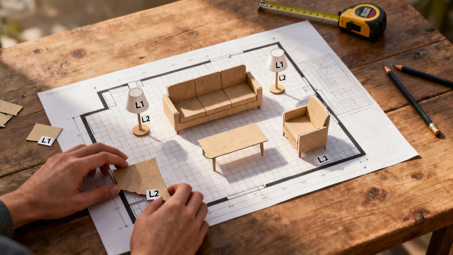 Top-down view of a scale floor plan and mock furniture for testing lamp placement.
