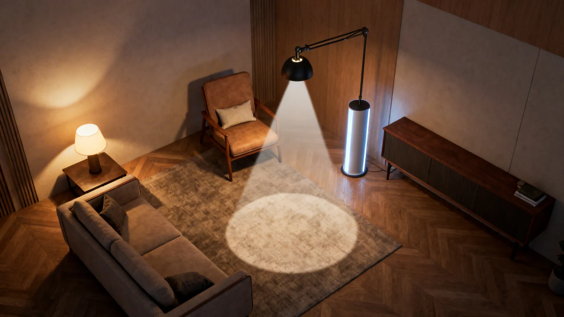 Top-down floor-plan view showing recommended lamp placements and light cones in a small living room.