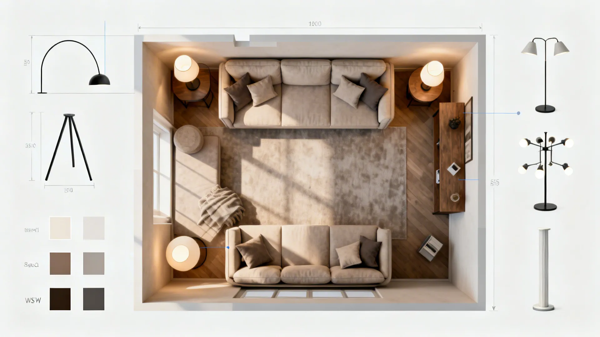 Top-down floor plan mockup showing recommended placements for different tall lamp types in a small living room.