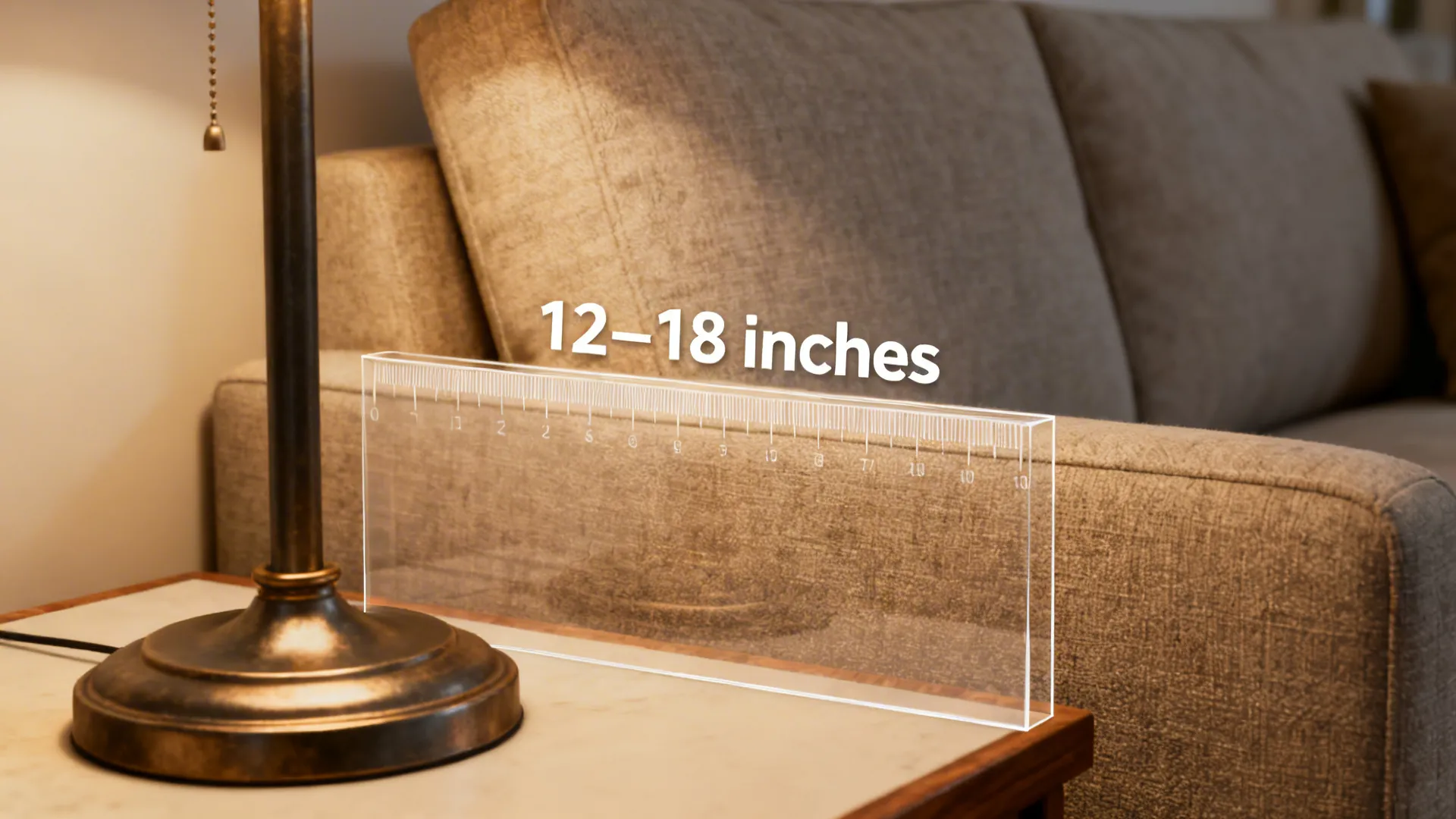 Diagram-style close-up showing recommended 12–18 inch spacing from sofa back to lamp base.