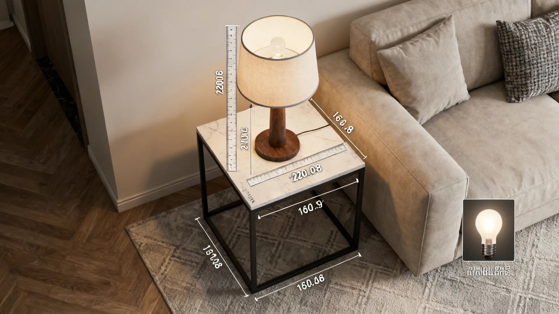 Top-down mockup showing lamp placement measurements and proportions for a small living room end table