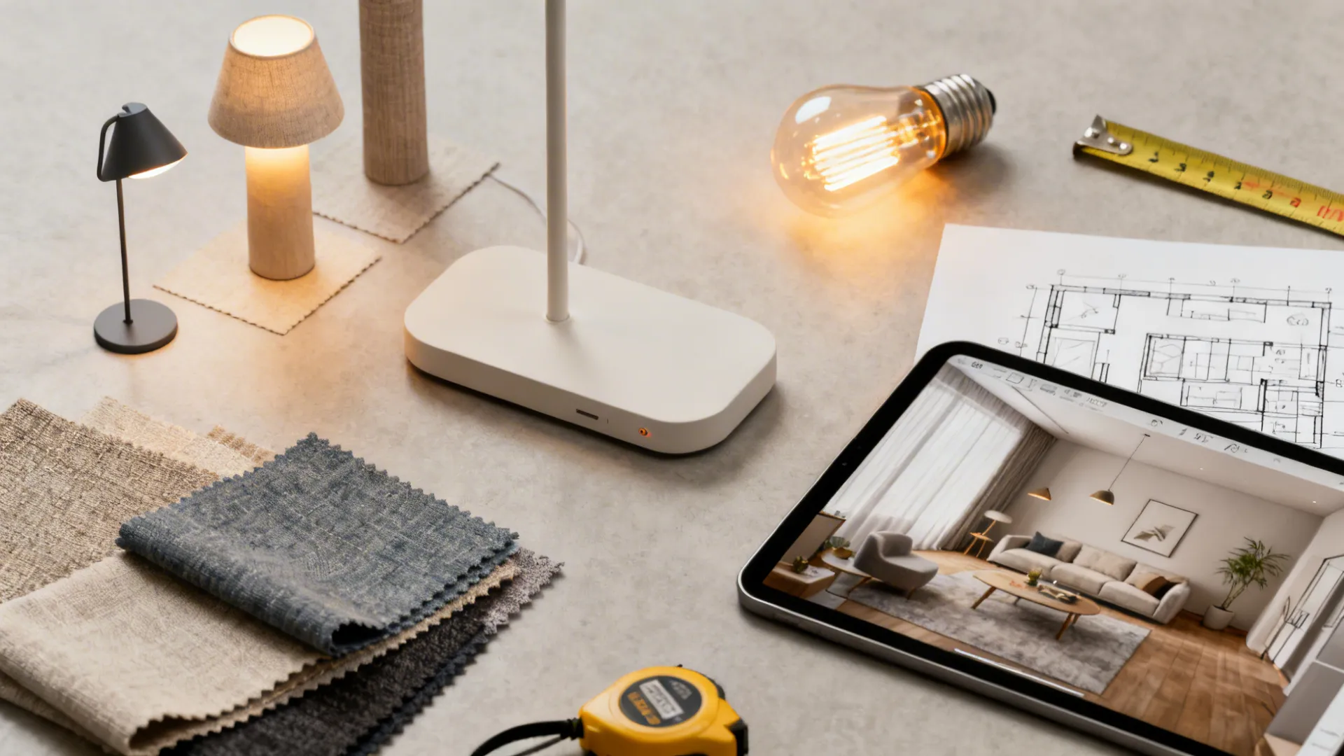 Top-down flatlay of lamp samples, bulbs, swatches and a tablet with a 3D room planner for placement mockups.