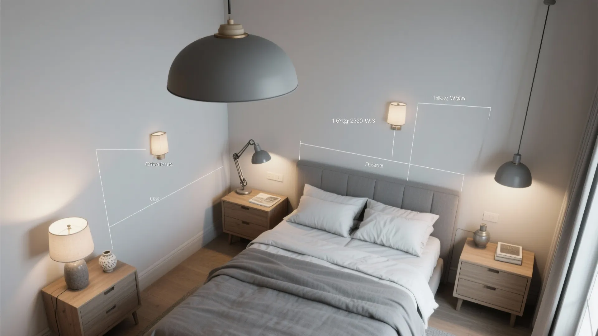 Top-down bedroom layout showing practical lamp placement and proportions