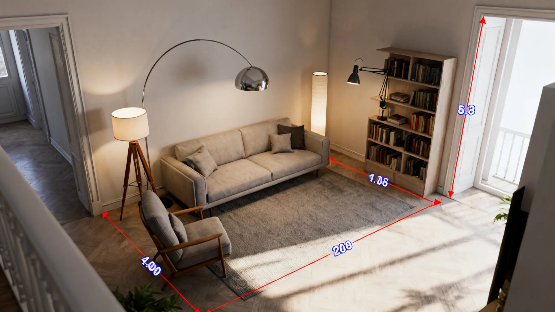 Top-down layout showing recommended lamp placements and clearances in a small living room