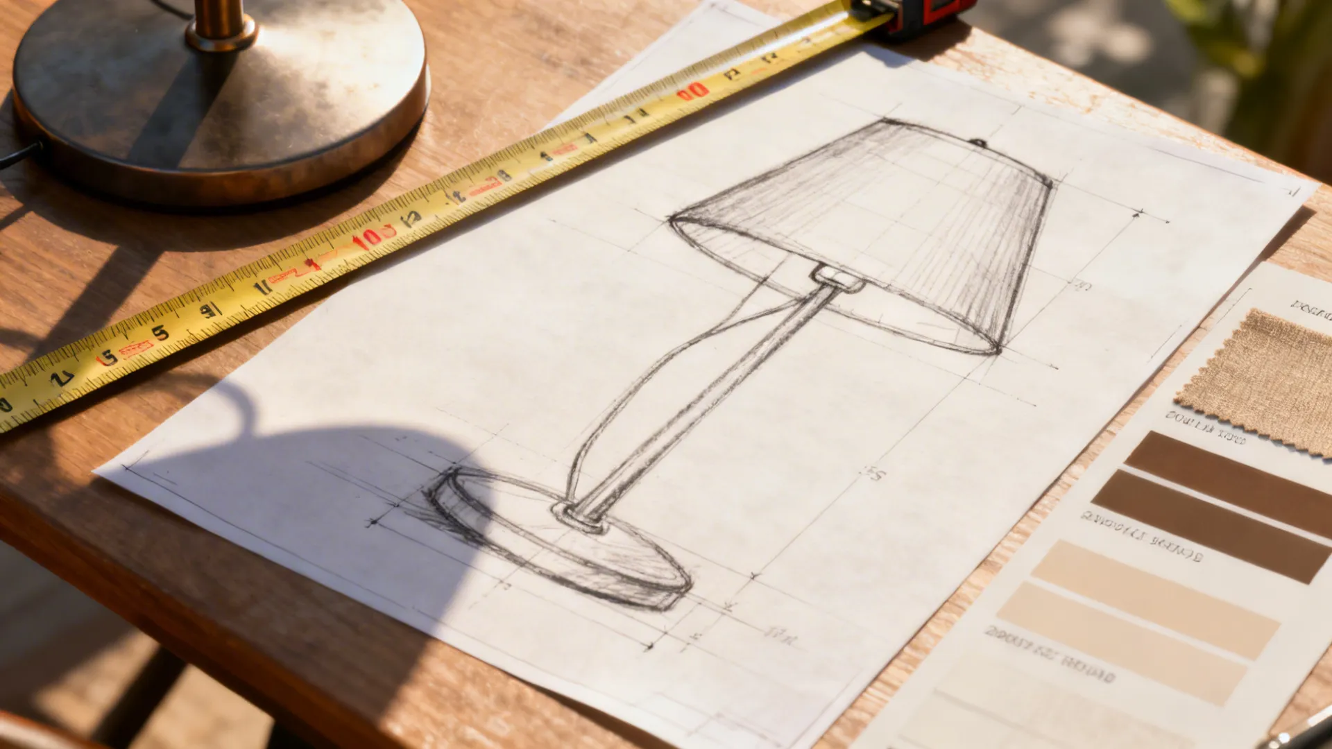 Table with measuring tape, lamp sketch and shade sample demonstrating lamp sizing and planning.