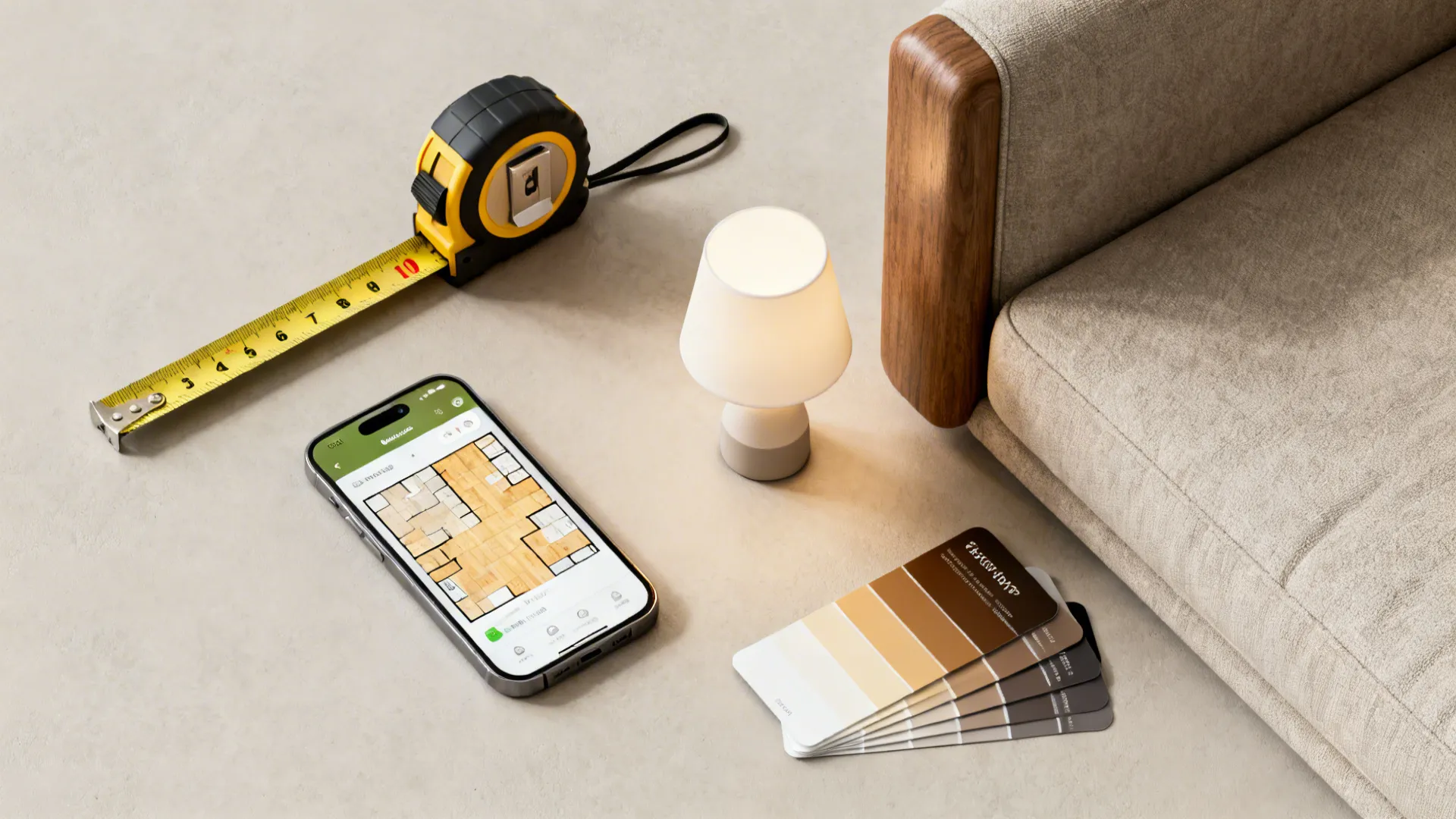 Flatlay of lamp planning tools including tape measure, floor planner app, lamp sample and color cards.