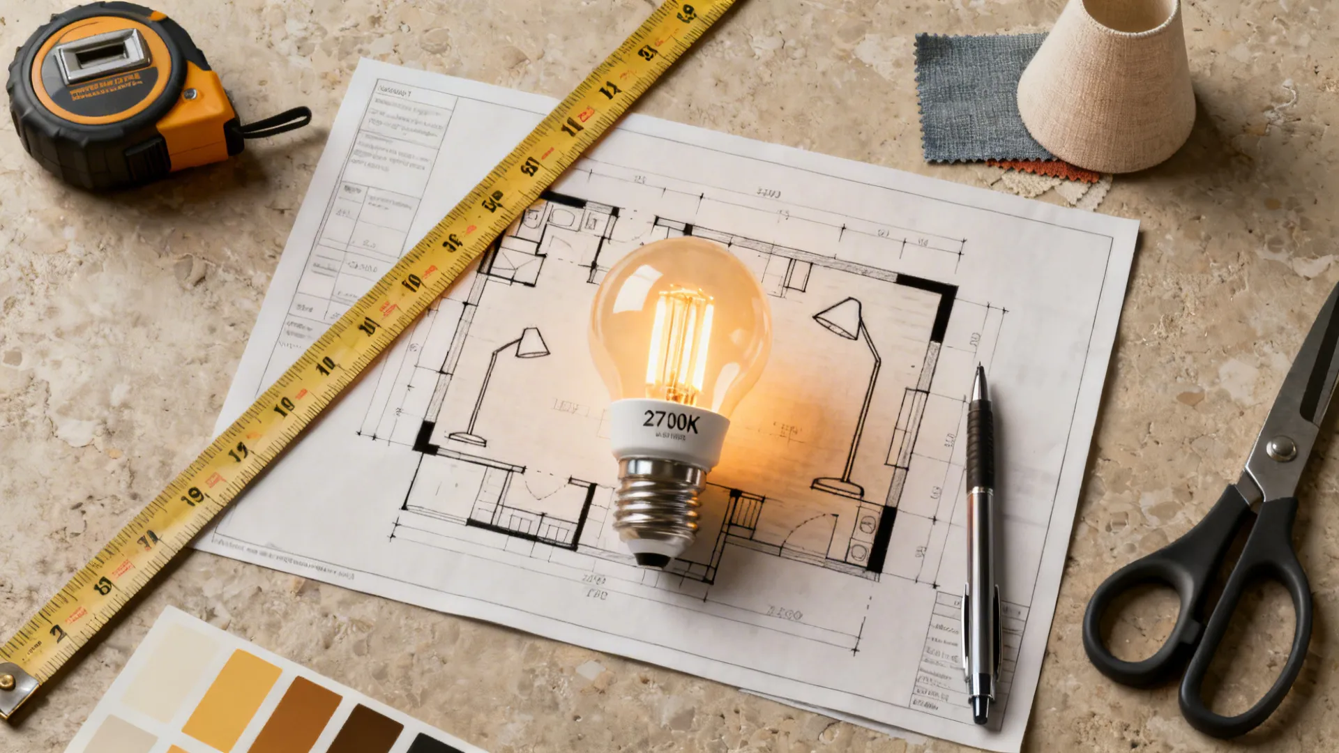 Flatlay showing lamp planning tools: measuring tape, floor plan, warm LED bulb and shade samples