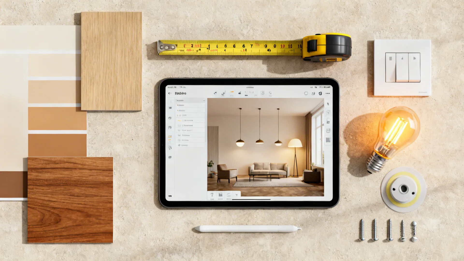 Flatlay showing tools and samples for planning wall lamp placement including tape measure, bulb and color swatches