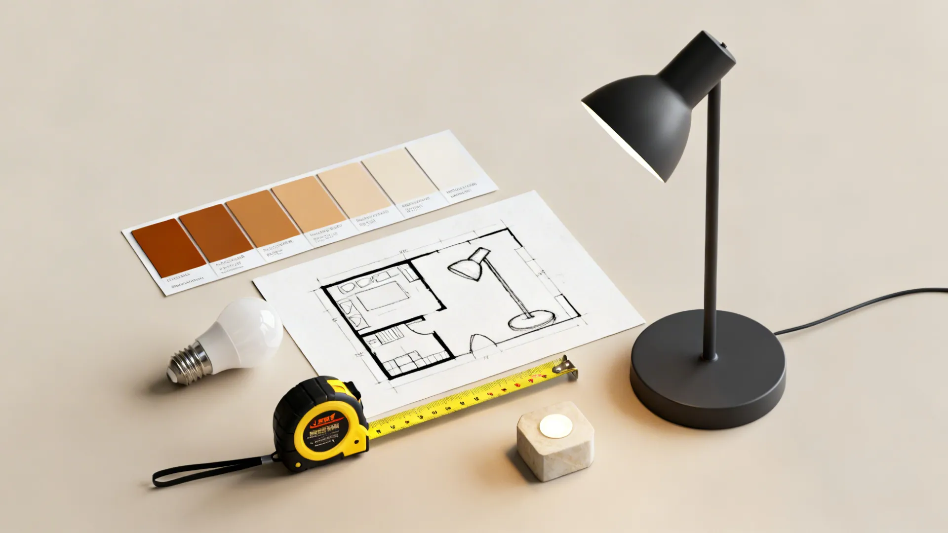 Interior design tools including floor plan drawing, black table lamp, color swatches, and yellow tape