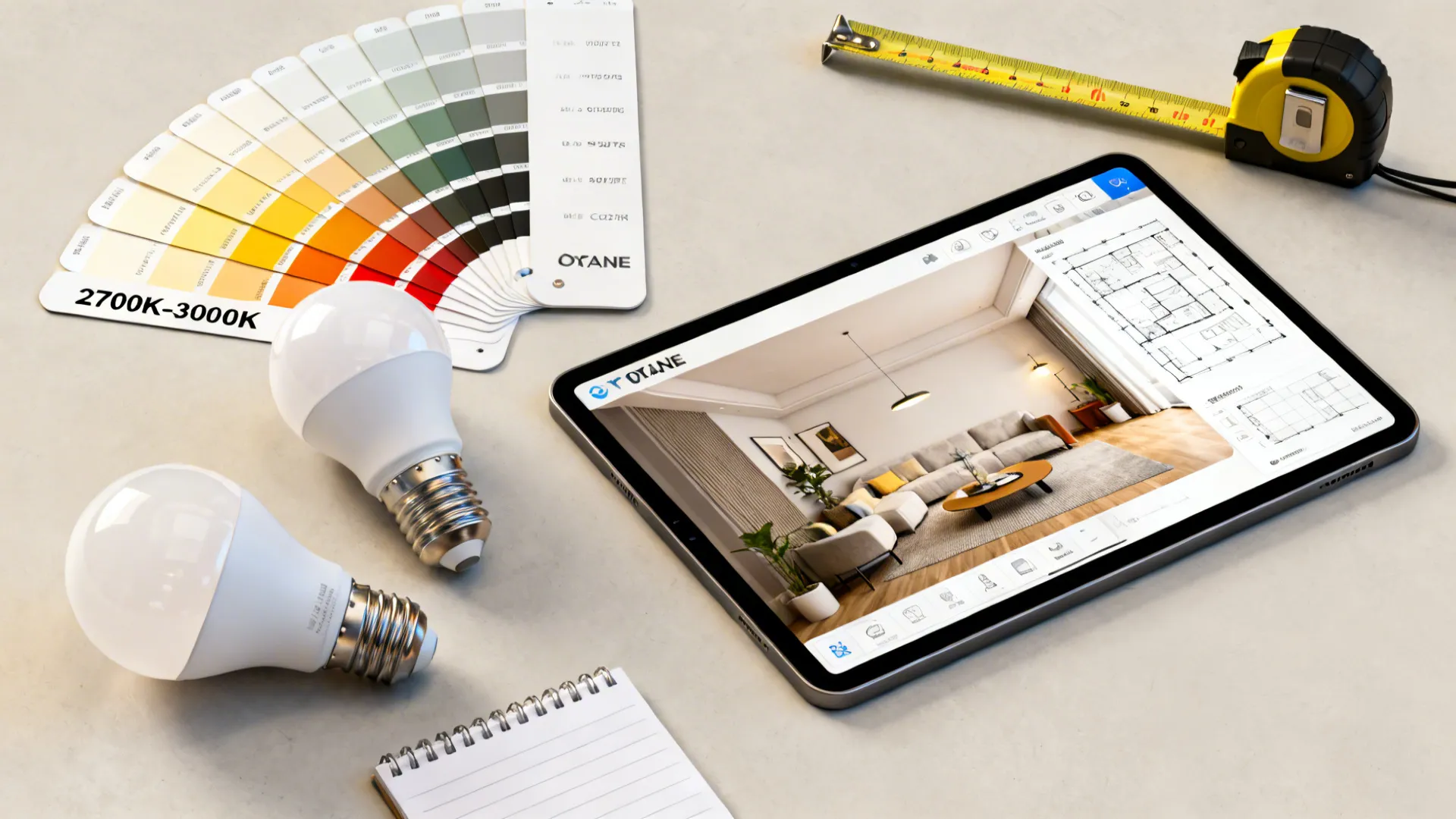 Flatlay showing bulb temperature swatches, 3D room planner on a tablet, and measuring tape