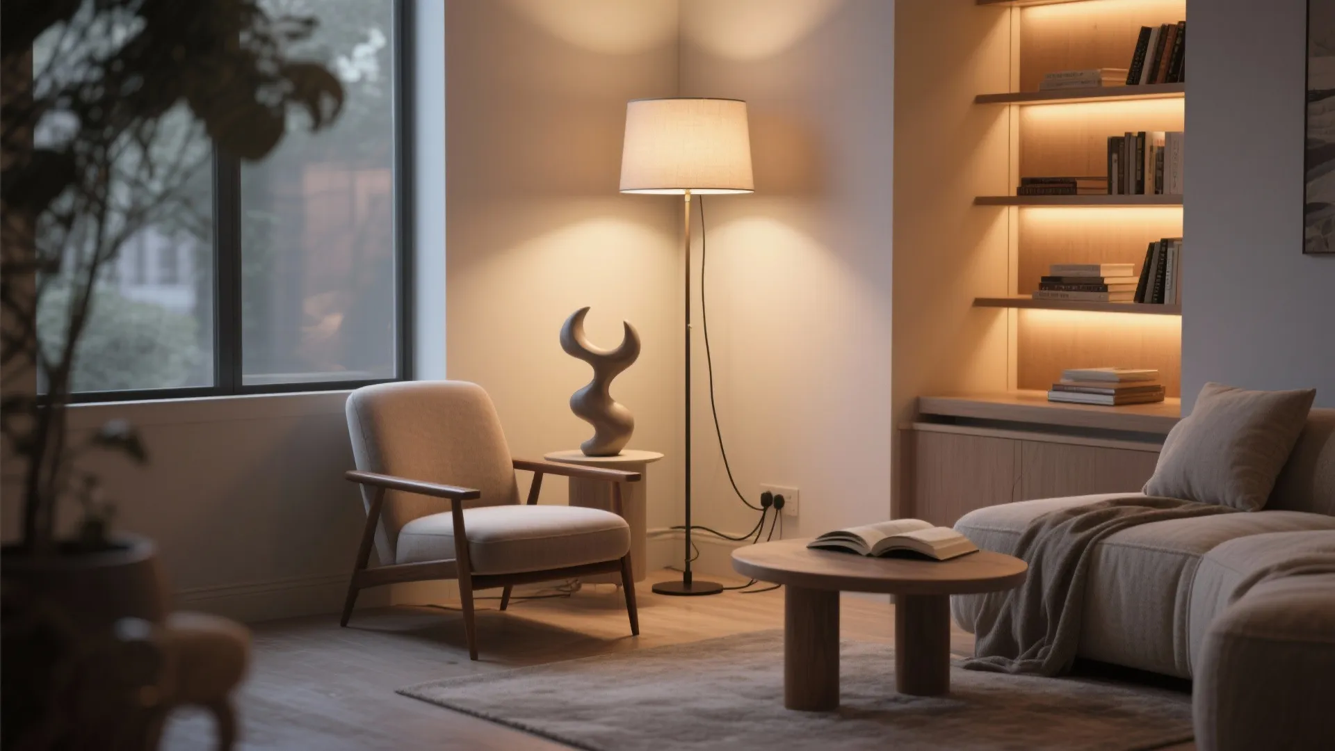 Reading nook with a sculptural table lamp and tall floor lamp creating warm pockets of light