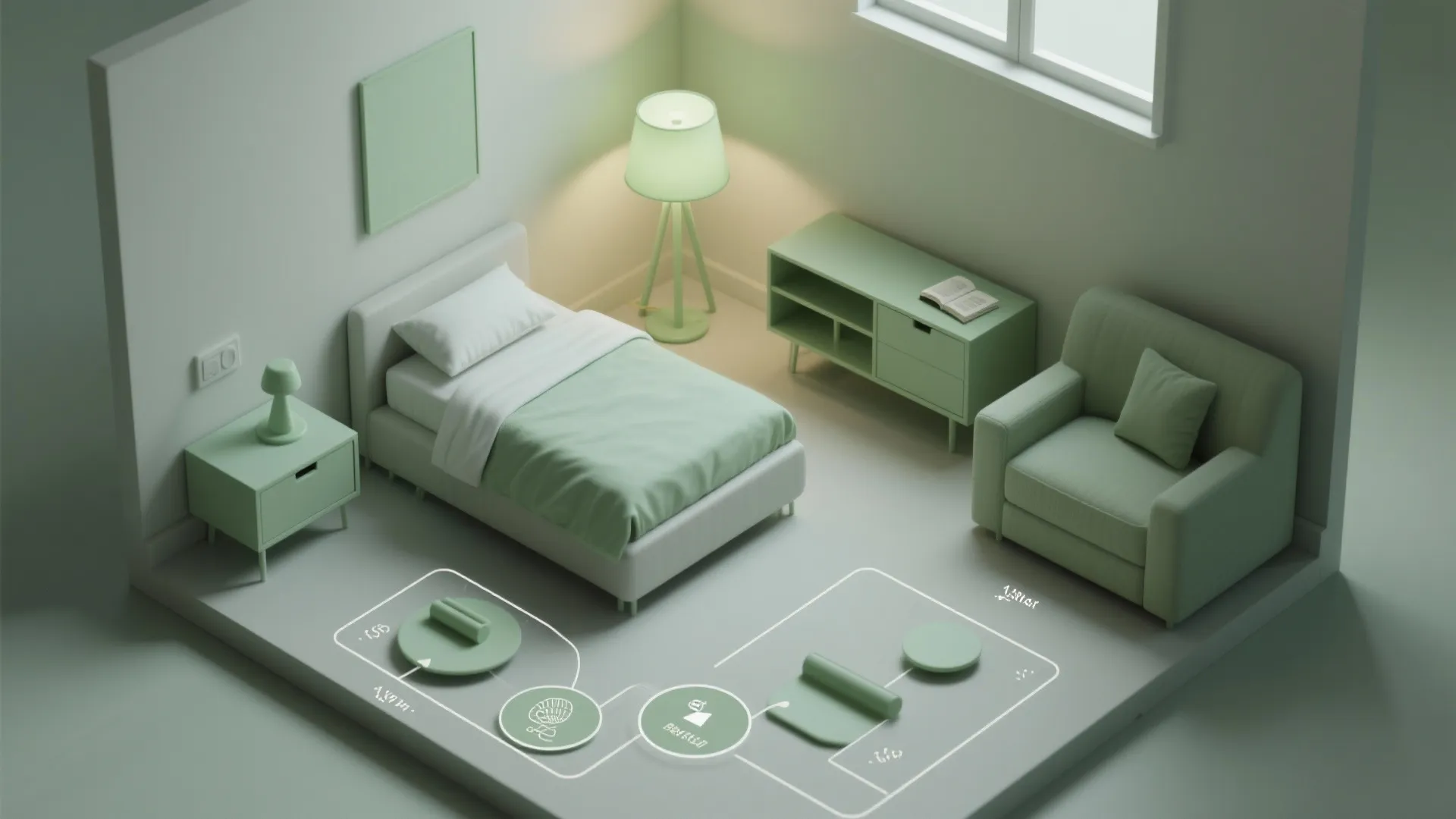 Top-down room planner mockup showing recommended lamp placements for a light green table lamp in small spaces.
