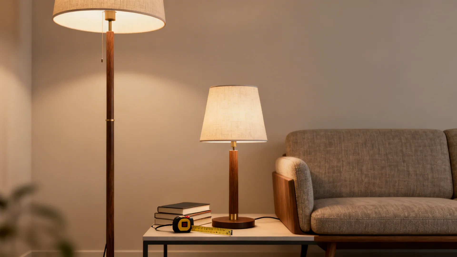 Two lamps of different heights beside a low modern sofa with books used to mock up heights.