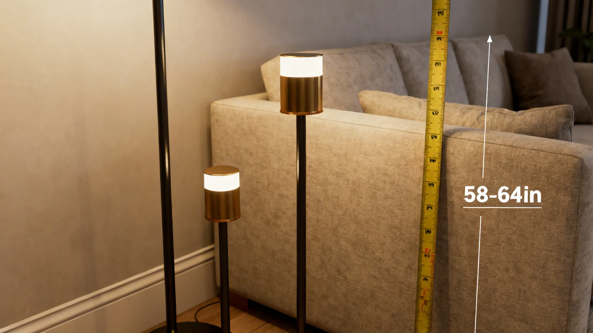 Scale comparison of floor lamps with a measuring tape beside a sofa to show recommended heights.