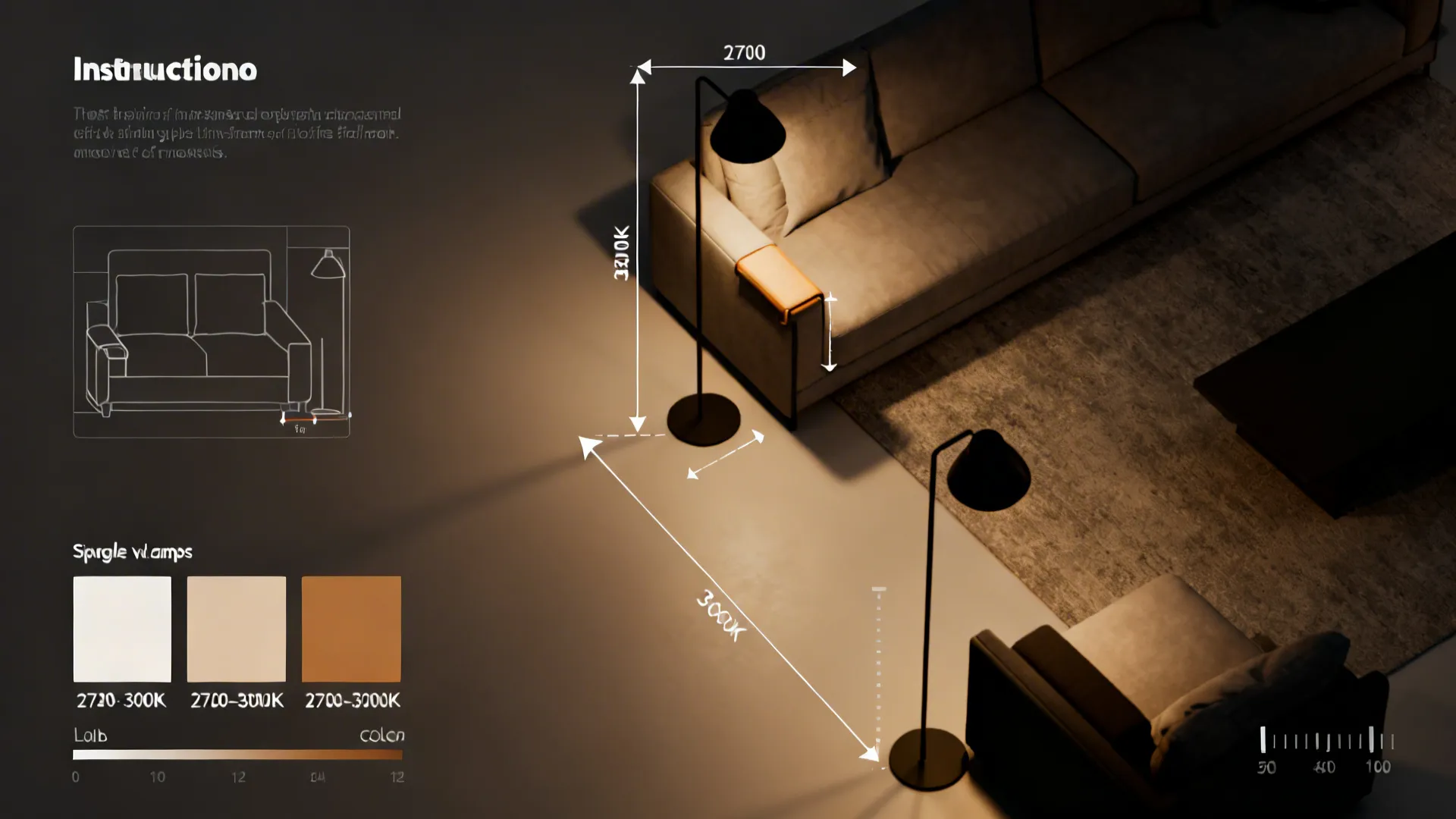 Top-down layout illustrating lamp heights, 2700–3000K bulb swatches, and spacing for paired lamps.